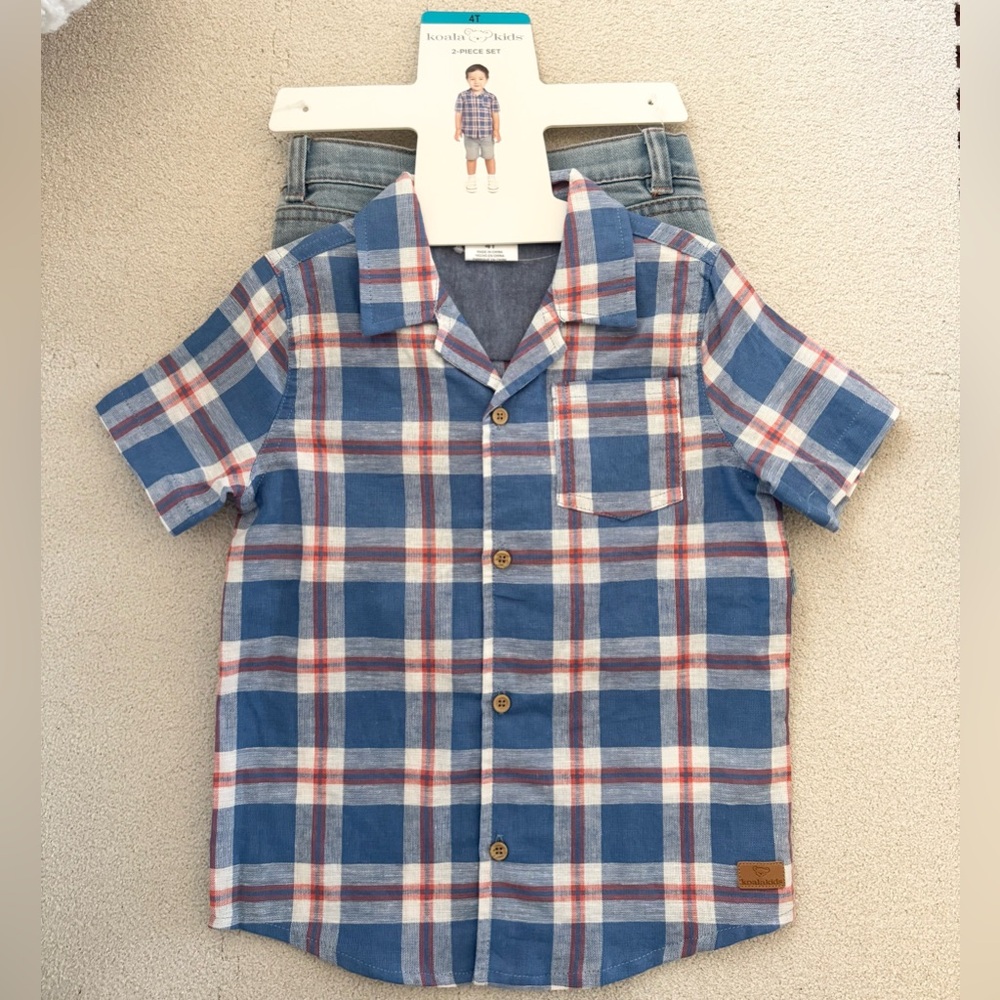 Koala Kids 2pc set- Blue and Red Checkered Button Down Shirt+jeans
